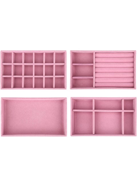 Jewelry Trays Organizer Set of 4 Velvet Stackable Jewellery Drawer Organiser Tray Earring Ring Necklace Bracelet Display Showcase Jewelry Storage Trays, 4 Style (Pink)
